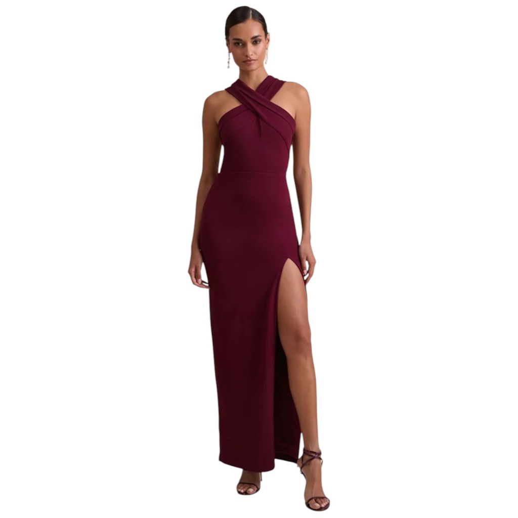 Lulus Head To Cocktail Hour Burgundy Halter Neck Maxi Dress- Small